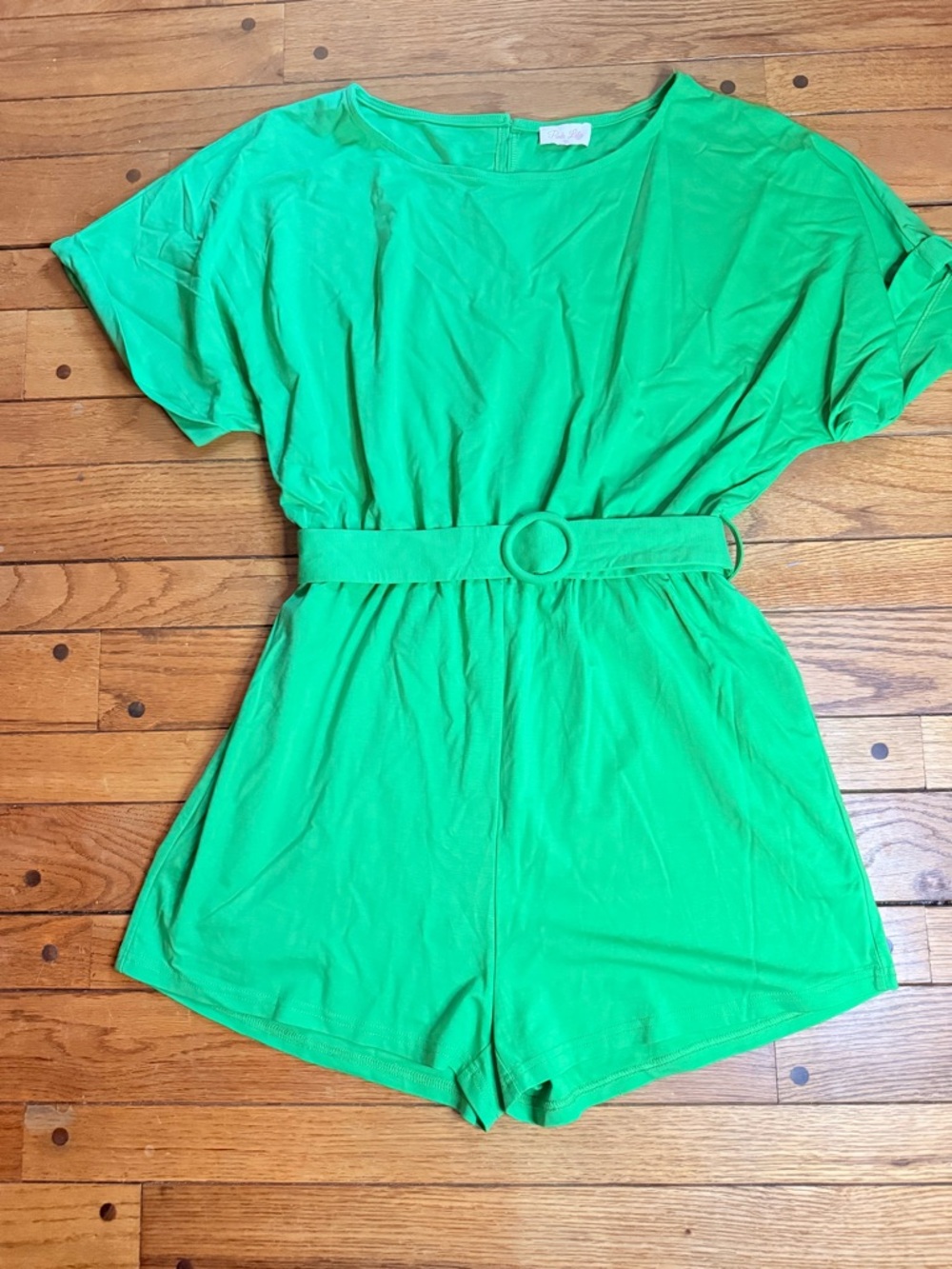 Pink Lily Green Belted  One-Piece Romper